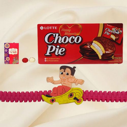 Lovely Rakhi Celebration Gift of Choco Pie Box and Sweet Free Kids Rakhi with Roli Tilak and Chawal