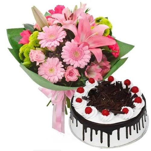 Black Forest Cake with Mixed Flowers Bouquet