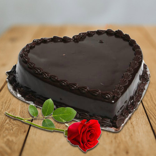 Yummy Heart-Shaped Chocolate Cake N Single Rose