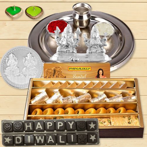 Silver Laxmi Puja Hamper with Assorted Sweets and Chocolate for Diwali