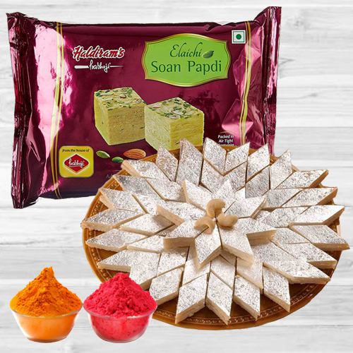 Holi Special Gift of Kaju Katli N Soan Papdi from Haldiram with Free Herbal Gulal