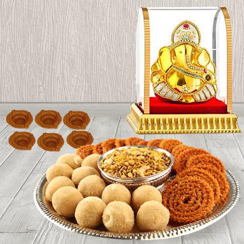 Special Diwali Sweets n Savory Platter from Bhikaram with Silver Plated Pooja Thali n Bowl n Ganesh Idol