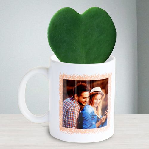Amazing Hoya Heart Plant in Personalized Photo Coffee Mug with Red Velvet Rose