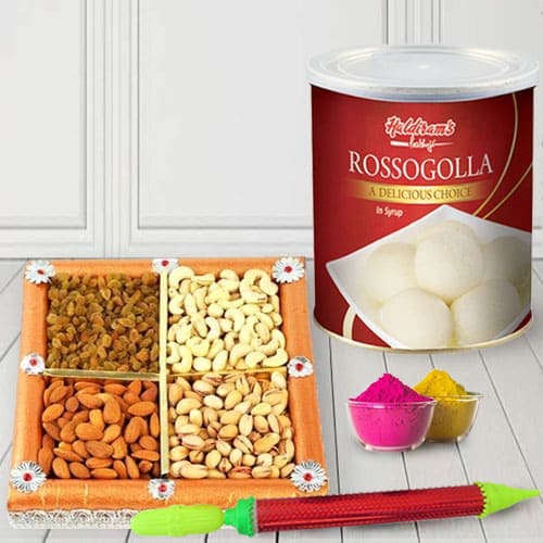 Delicious Holi Combo of Mixed Dry Fruits n Haldirams Rasgulla