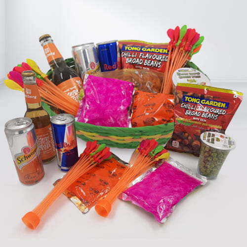 Delightful Holi Gifts Basket of Snacks n Drinks