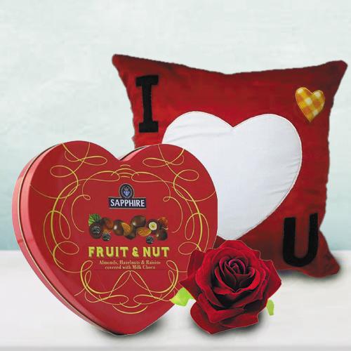 Wonderful Personalized ILU Heart Cushion with Sapphire Heart Chocolate Box n Velvet Rose
