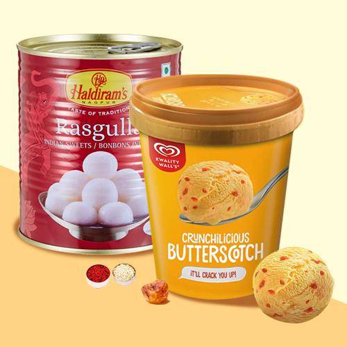 Tasty Haldiram Rasgulla with Kwality Walls Butterscotch Ice Cream