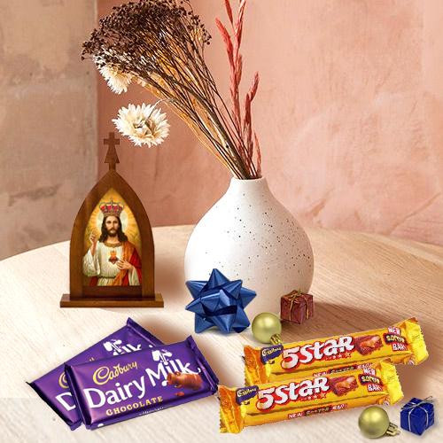 Divine Xmas Gift of Holy Statue Pendant n Chocolates