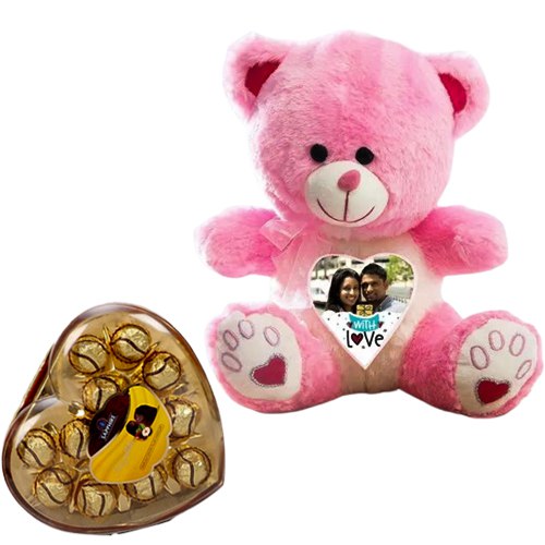 Impressive Personalized Photo Teddy with Sapphire Hazelfills Chocolate Box