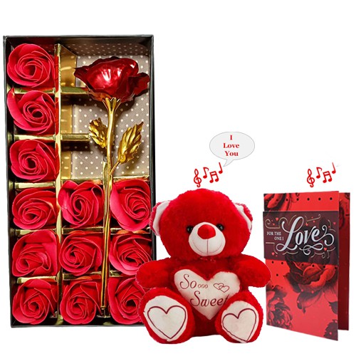Lovely Valentine Gift of Artificial Red Roses with Musical Teddy N Greetings Card