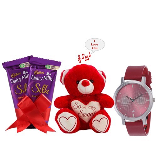 Lovely V-day Gift of Fastrack Ladies Watch with Teddy N Cadbury Silk