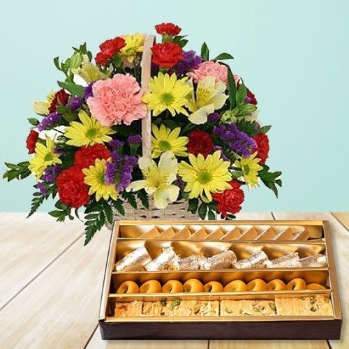 Mixed Flowers Basket with Assorted Sweets