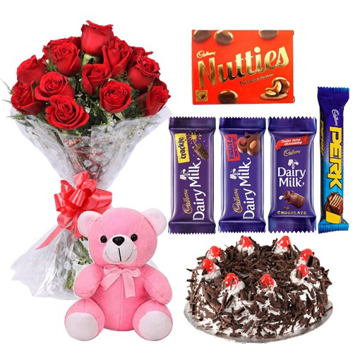Dutch Roses Bouquet with Cake, Teddy N Assorted Cadbury Chocolates