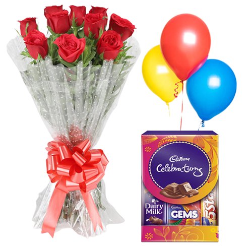 Chocolates with Balloons N Rose Bouquet