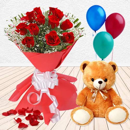 Teddy with Red Roses N Balloons