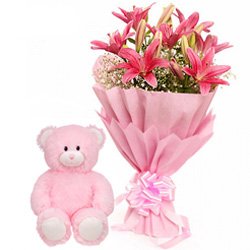 Pink Lilies Bunch with Teddy