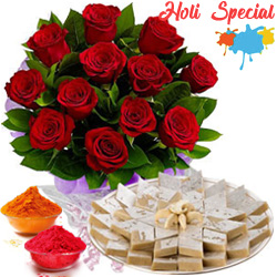 Lovely charming Red Roses combined with mouthwatering Kaju Katli