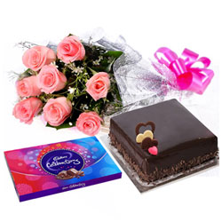 Yummy Cake, Pink Rose Bouquet and Cadbury Celebrations