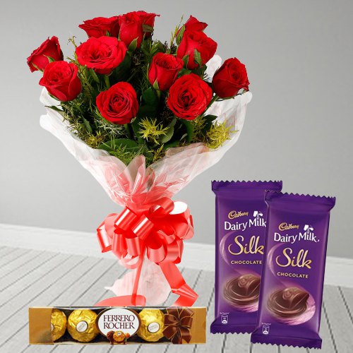 Gorgeous Red Rose Bouquet Ferrero Rocher and Dairy Milk Silk