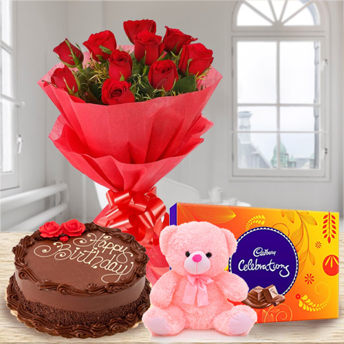 Charming Rose Bouquet, Chocolate Cake, Teddy with Cadbury Celebrations