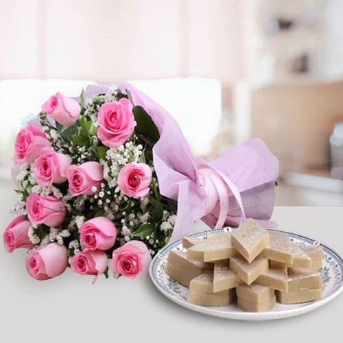 Exotic Pink Roses Bunch with Kaju Katli