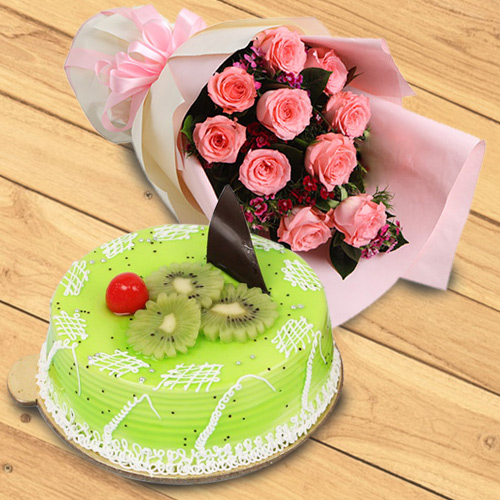 Elegant Red Roses Bouquet with Kiwi Cake