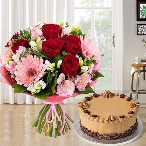 Combo of 12 Mixed Flowers Bouquet N 1 kg Coffee Cake