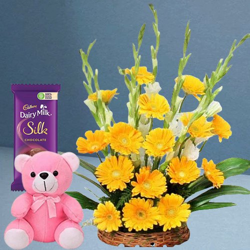 Pretty Yellow Gerberas with Teddy N Dairy Milk Silk