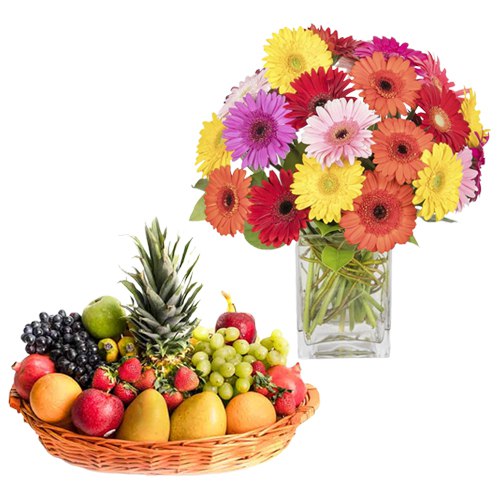 Bunch of Mixed Gerberas in a Vase with Fresh Fruits Basket