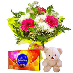 Wonderful Flowers Bouquet with Small Teddy and Cadbury Celebrations Pack