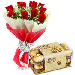 Tasty Ferrero Rocher Chocolates with Red Roses Bouquet