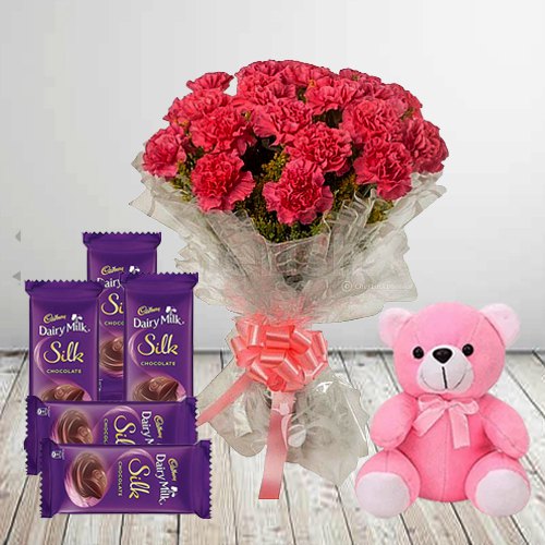 Lovely Bouquet of Carnations with Teddy N Chocolates
