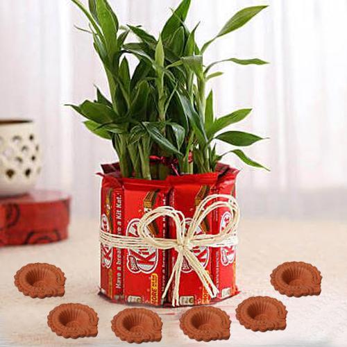 2 Tier Lucky Bamboo N Kitkat Arrangement with Diya