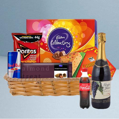 Lovely Winter Cheer Gift Basket of Goodies with Fruit Wine