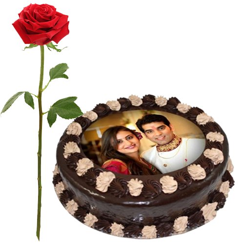 Charming Single Red Rose with Chocolate Photo Cake