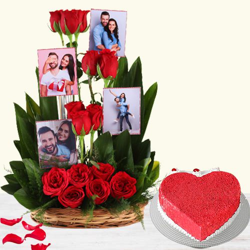 Hearty Red Velvet Cake with Roses and Personalized Photo Basket