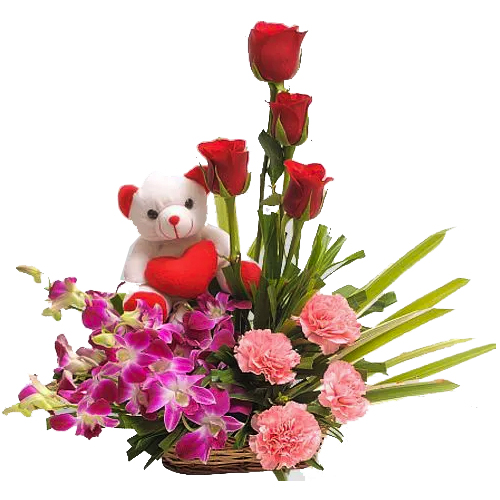 Hearty Teddy with Mixed Flowers Arrangement