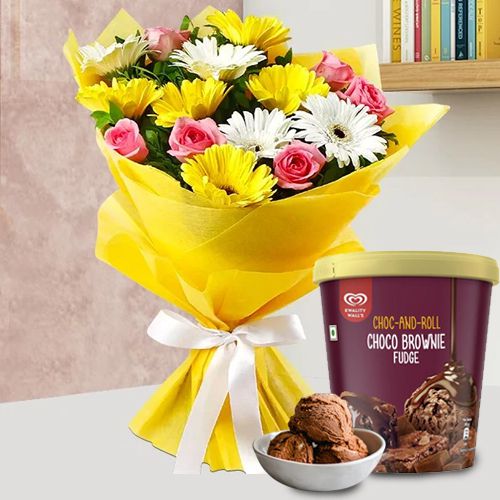 Colourful Flowers Bouquet with Choco Brownie Fudge Ice Cream from Kwality Walls