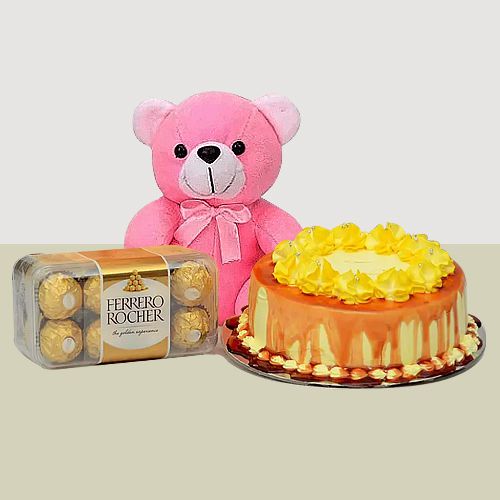 Yummy Butterscotch Cake N Chocolates with a Cute Teddy