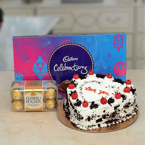 Expressive Combo of Heart Shape Cake with Ferrero Rocher and Cadbury Celebration