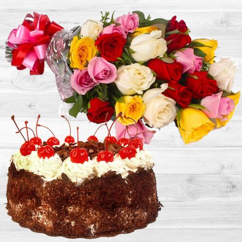 Chromatic mixed Roses bunch with mouthwatering Black Forest Cake