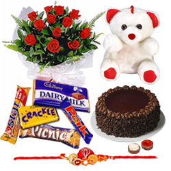 Stunning Raksha Bandhan Delight Gift of Cake Roses Soft Teddy and Assorted Cadbury Chocolates with Rakhi Roli Tika and Chawal