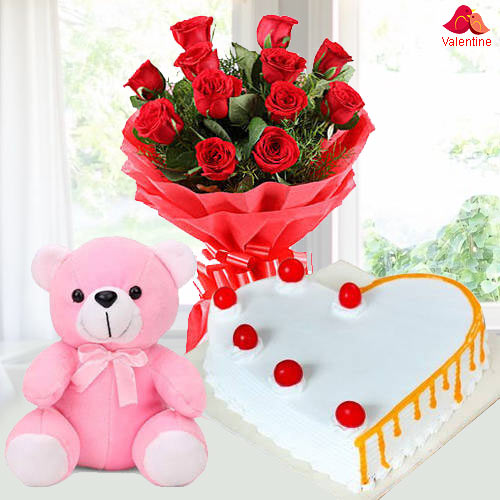 Dozen Red Roses with Teddy Bear n Cake