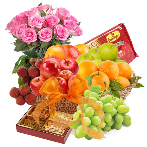 Fresh Fruits Basket with Haldiram Sweets N Roses