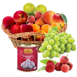 Sumptuous Fresh Fruits Basket with Haldirams Rasgulla