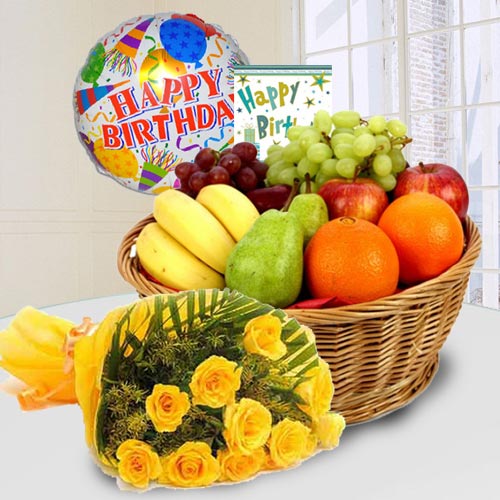 Marvelous Fresh Fruits Basket with Yellow Rose Bouquet
