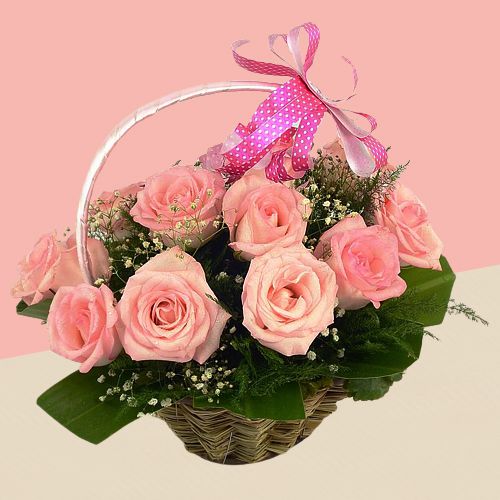 Cheerful Basket of Pink Roses and Fillers