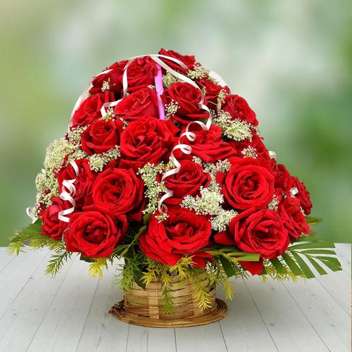 Brilliant Red Roses Basket Arrangement	