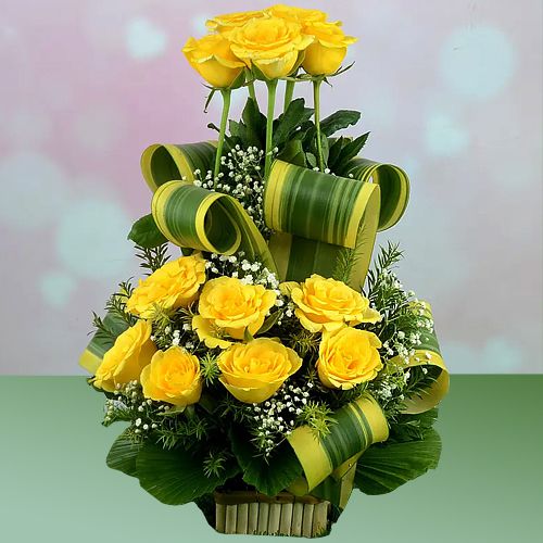 Designer Yellow Roses with Greens in a Basket	