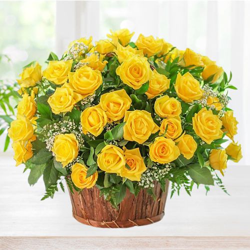 Vibrant Bunch of Yellow Roses in Basket	with Handle